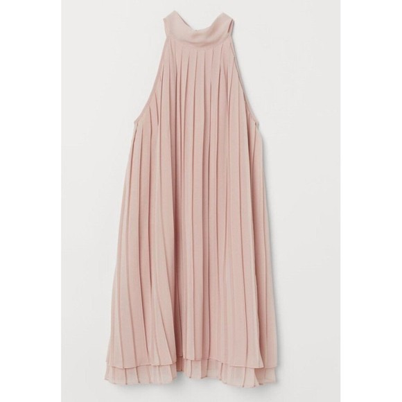 HM Women Short Dress in Pleated Fabric Sz 4 Pink Sleeveless Tie At The Neck - Picture 1 of 16